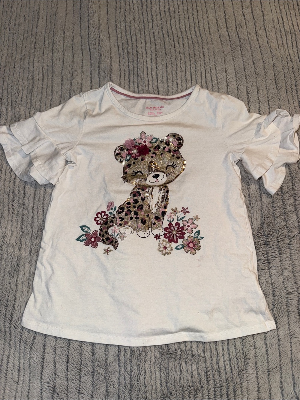 Isaac Mizrahi White Tee with Sequin Leopard and Floral Accents